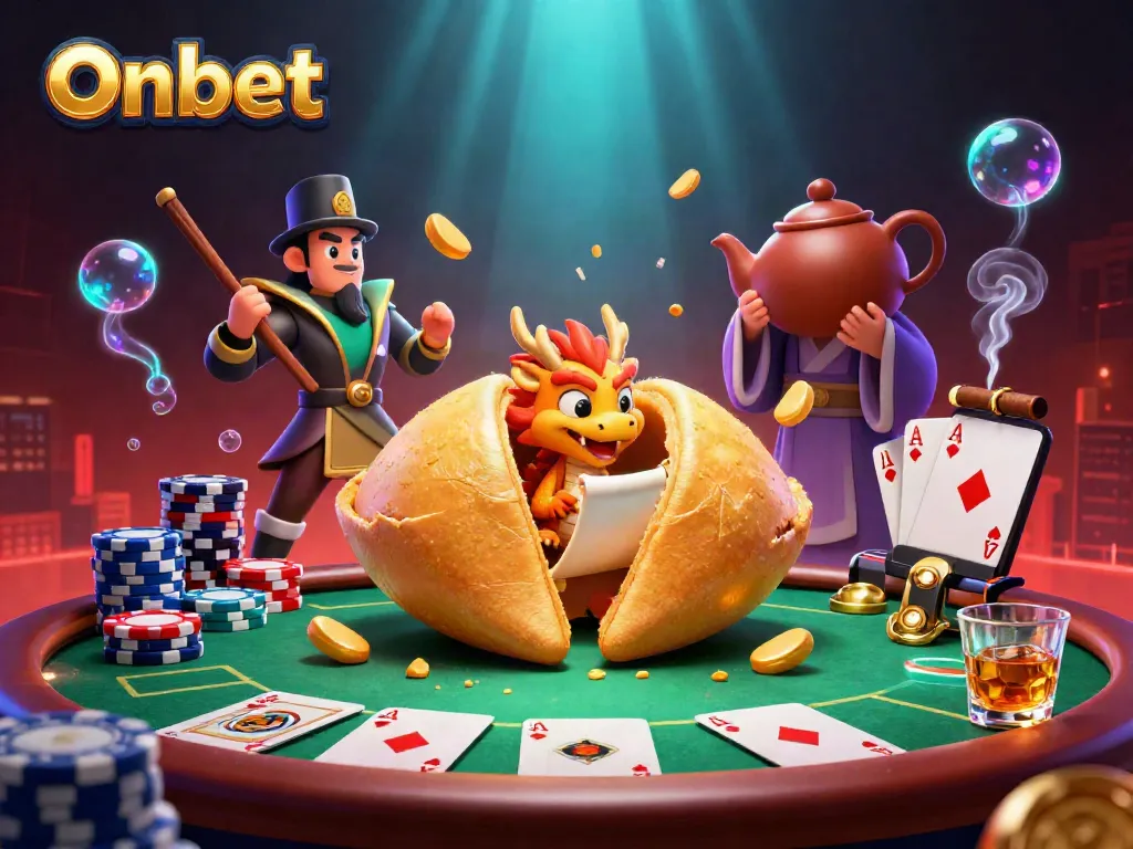 Engage with Onbet's thrilling online casino atmosphere, featuring dragons, poker chips, and a golden fortune cookie.