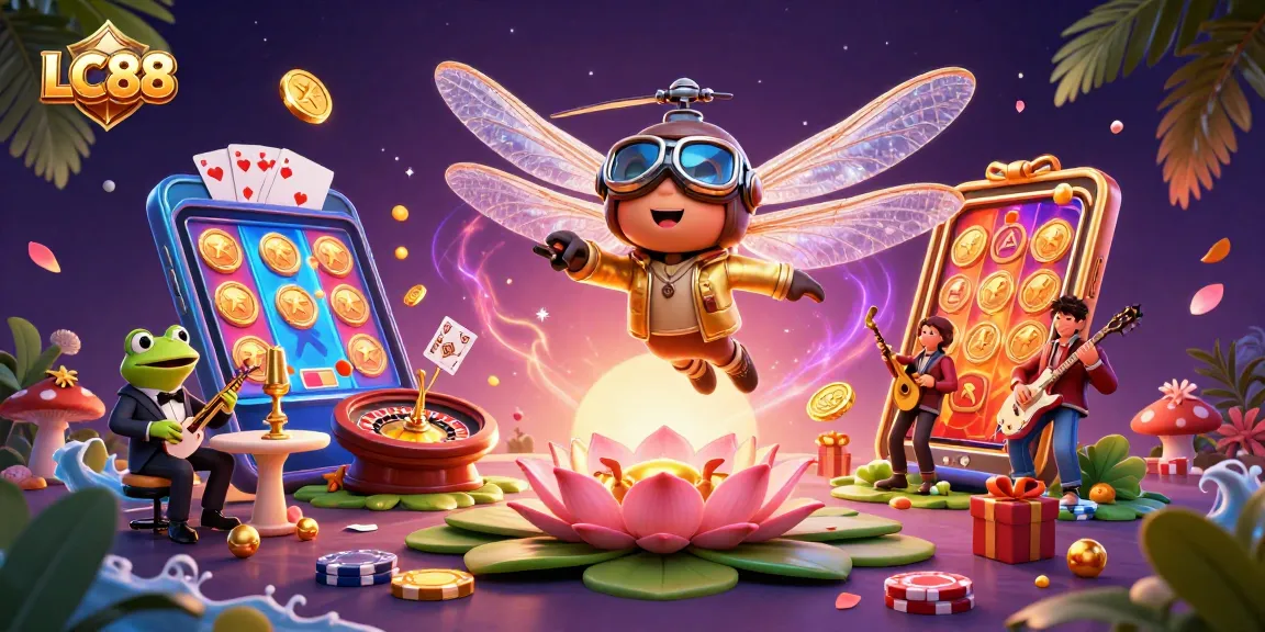 LC88 interactive slot game scene with a colorful 3D dragonfly pilot and frog croupier