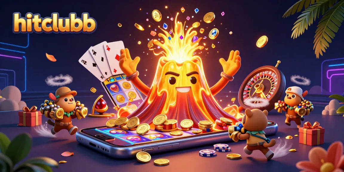 Experience hitclubb excitement with a vibrant scene of a volcano erupting treasures at a casino.