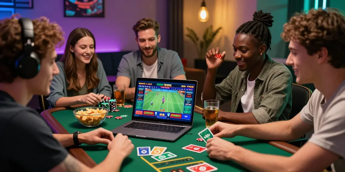 Exciting moment at 78win as friends engage in online gaming and betting together, showcasing vibrant graphics and snacks.