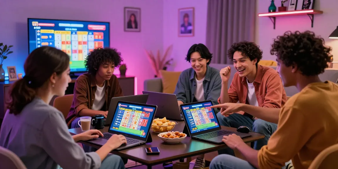 Friends enjoying a lively Toto Togel gaming night in a stylish lounge with digital devices and snacks.