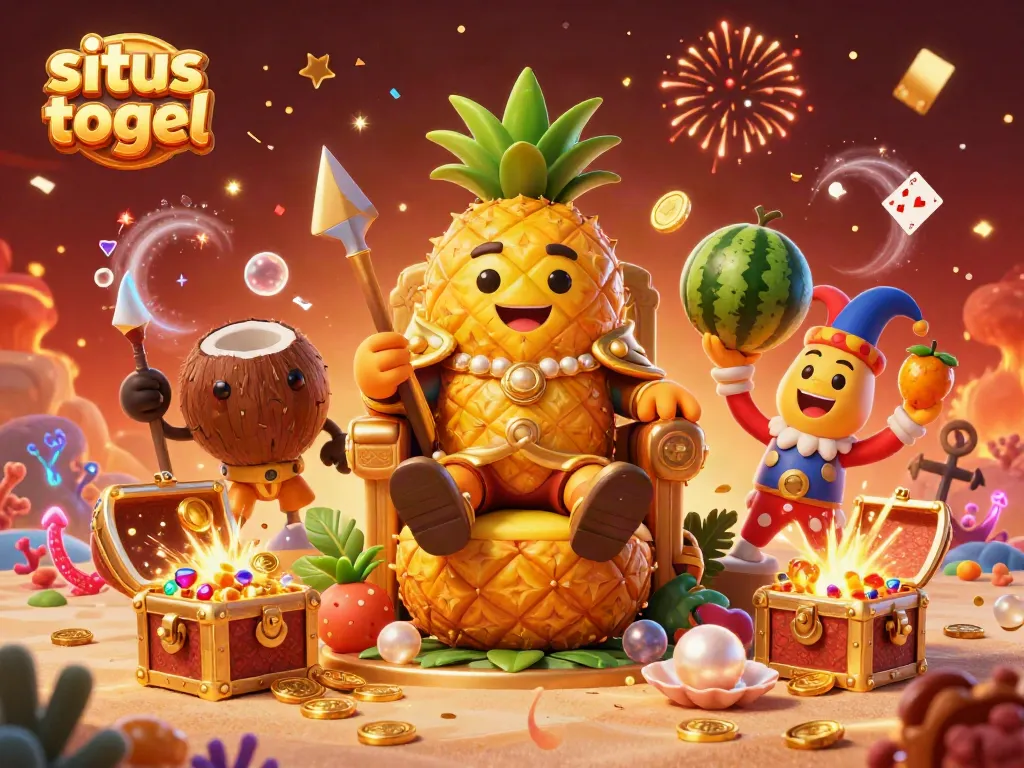 Experience the thrill of situs togel in a vibrant beach casino scene with a golden pineapple king and cheerful characters.