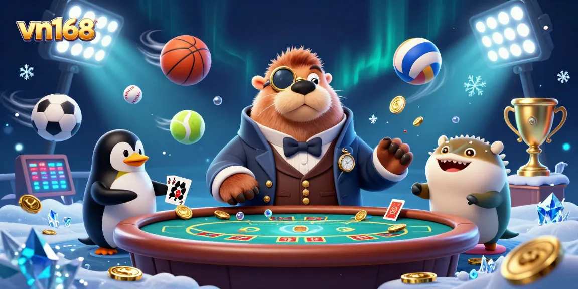 Win big with vn168 at an underwater poker table featuring unique characters in action.