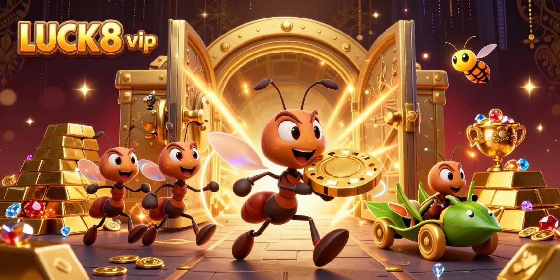 Experience thrilling action with LUCK8 vip as ants steal a massive golden poker chip in a vibrant casino heist scene.