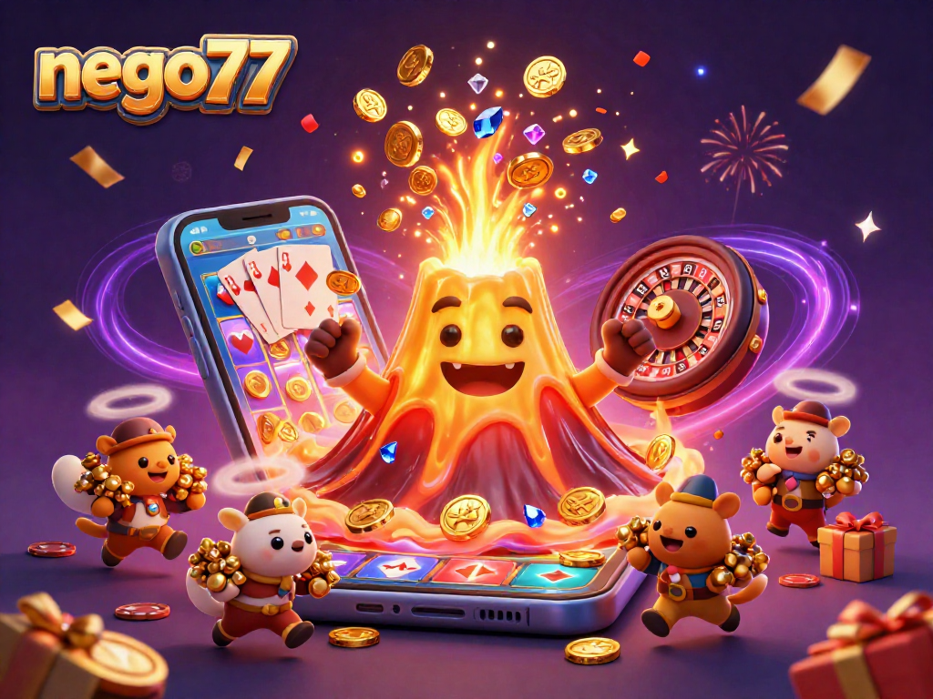 Experience the thrill of nego77 gaming with riches from a golden volcano erupting treasures.
