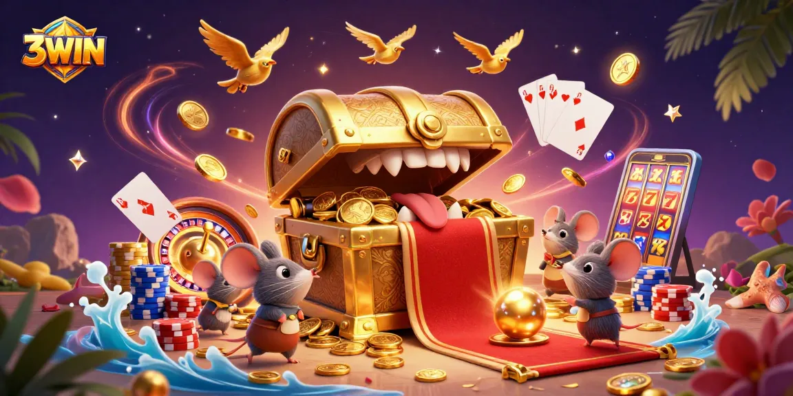 Experience the excitement of 3WIN with treasure chests, coins, and vibrant casino elements.