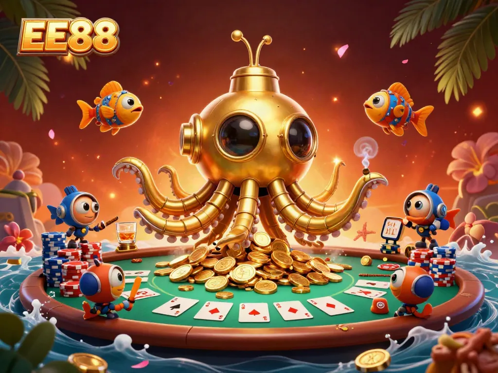 Experience the thrill of EE88 with a vibrant 3D casino scene featuring golden Kraken and poker elements.