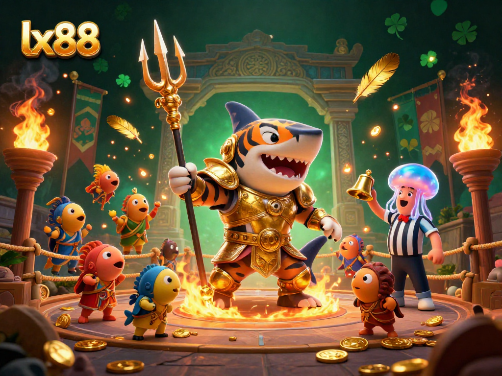 Experience the thrill of lx88 in a vibrant underwater colosseum with a golden tiger shark warrior.