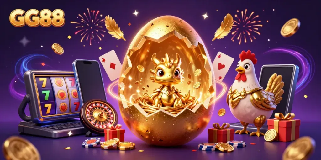 Experience immersive gaming with GG88's captivating golden dragon and dynamic casino elements.