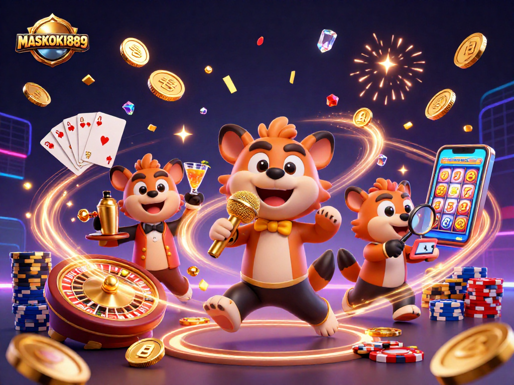 Experience excitement at MASKOKI889 with a lively hyena comedy casino scene filled with dazzling gaming elements.