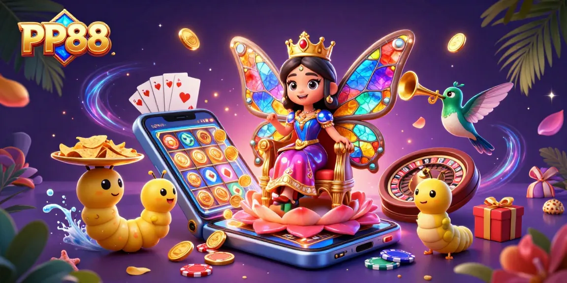 Engage with PP88's vibrant gaming world through a colorful, enchanting scene filled with animated casino elements.