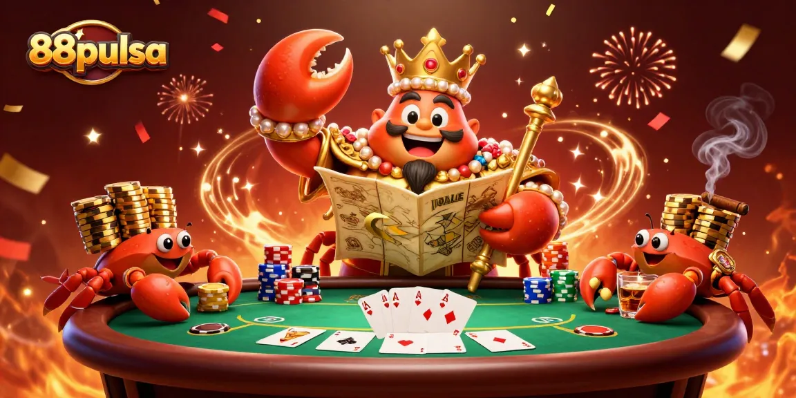 Enjoy an exciting gaming atmosphere with 88pulsa's vibrant casino experience featuring a golden crab emperor amidst poker elements.