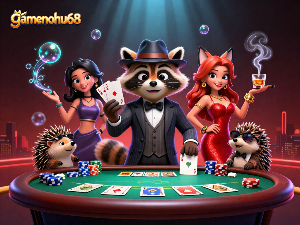 Experience thrilling poker moments with gamenohu68's vibrant casino scene showcasing characters and game elements.