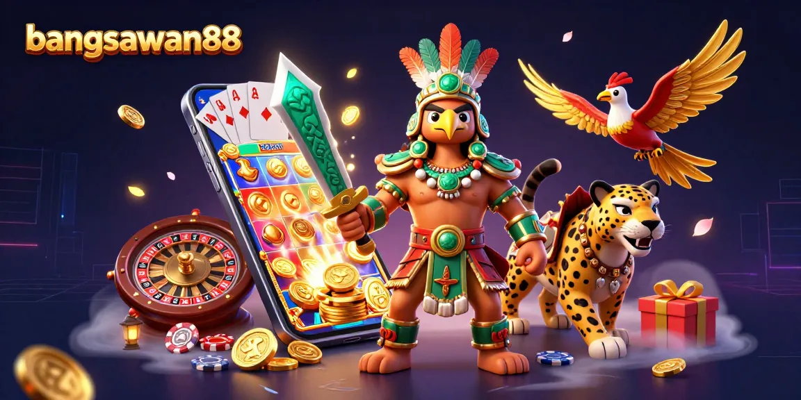Experience thrilling gameplay with bangsawan88 featuring an Aztec warrior and dynamic casino elements.