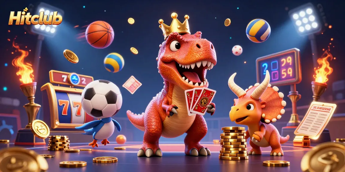 Hitclub features a lively casino scene with a T-Rex shuffling cards alongside vibrant game elements.