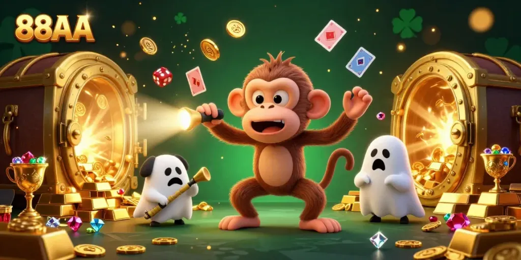 88AA casino scene featuring a playful ghost monkey juggling golden items with a curious puppy in pursuit.