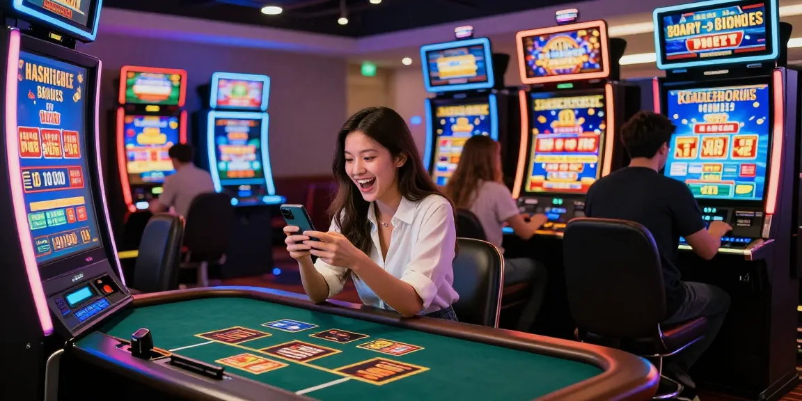 Enthusiastic players enjoying credit card casinos in a vibrant gaming lounge with live dealer games and slot machines.