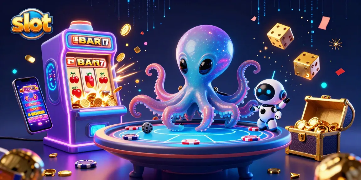 Slot online yang menarik dengan gambar alien dan robot beraksi di meja poker holografis.