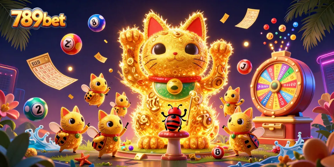 Engage with the vibrant world of 789bet featuring a giant lucky cat amidst dynamic casino elements.