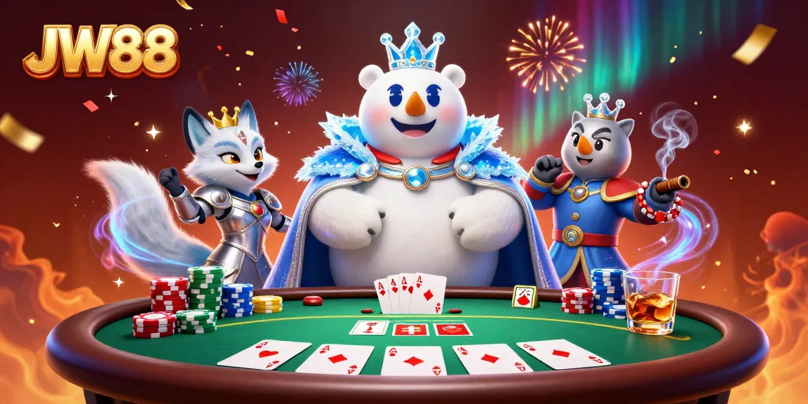 Engage with JW88’s thrilling poker scene, showcasing 3D characters and vibrant casino elements.