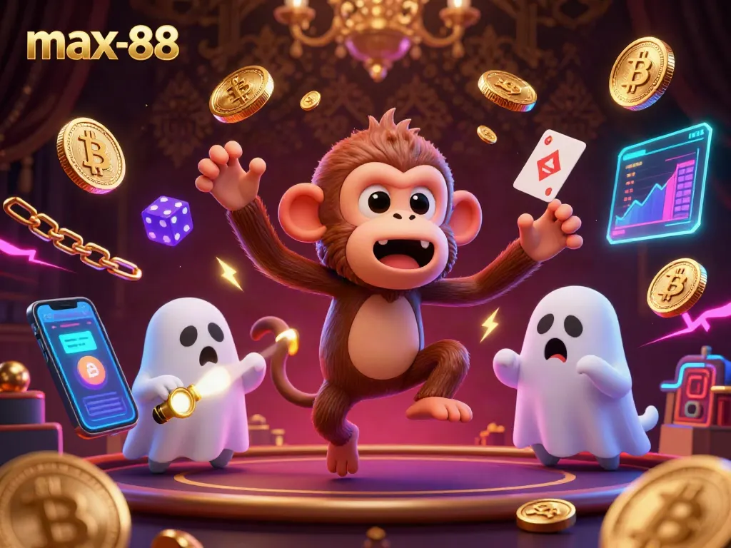 Experience the thrilling world of max-88 with a playful poltergeist monkey juggling golden casino treasures.