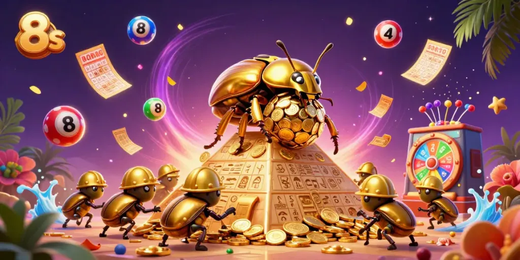 8s themed illustration with a golden dung beetle rolling coin, vibrant casino elements, and tropical motifs