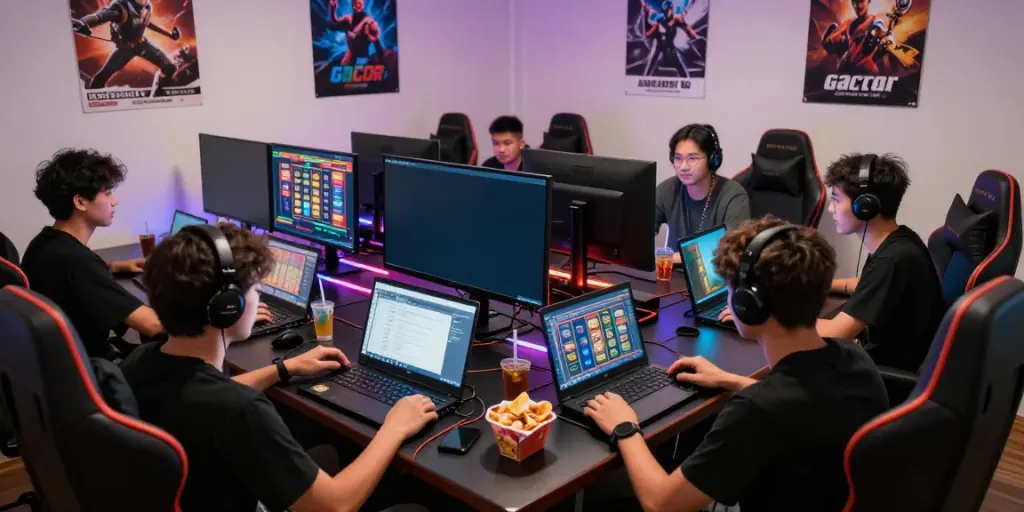 Friends enjoying a lively gaming session focused on slot gacor games with energetic atmosphere.