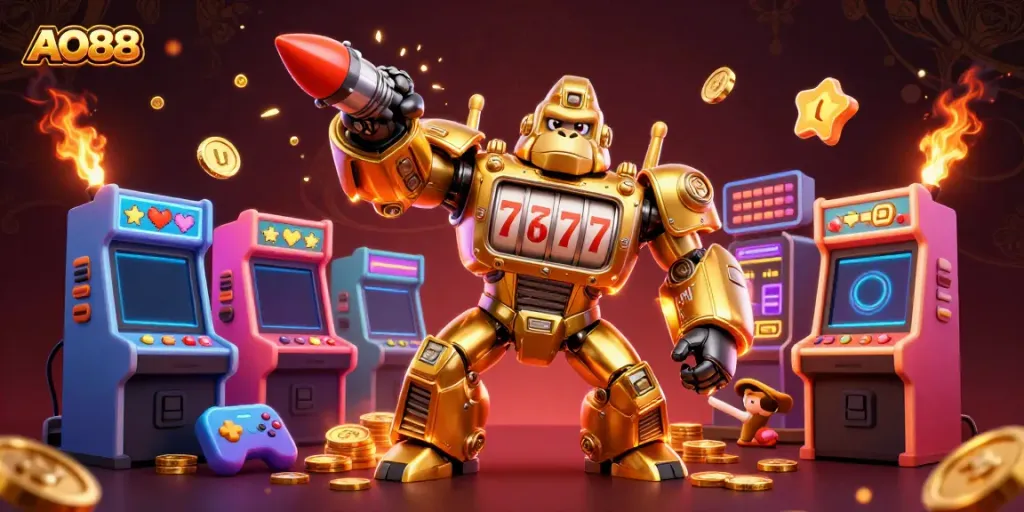 Engage with thrilling AO88 experiences featuring a golden mech and vibrant gaming elements