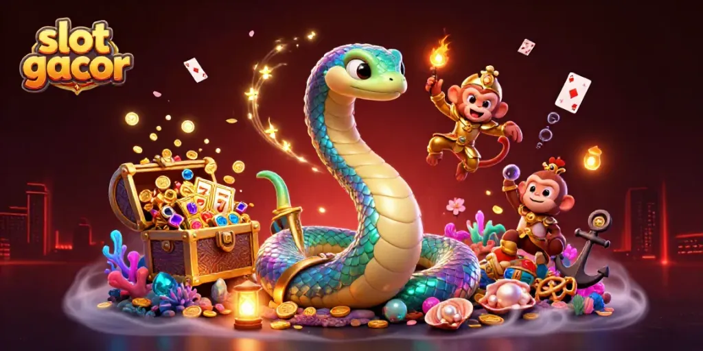 Engage with slot gacor adventures through vibrant characters and casino elements in a magical scene.
