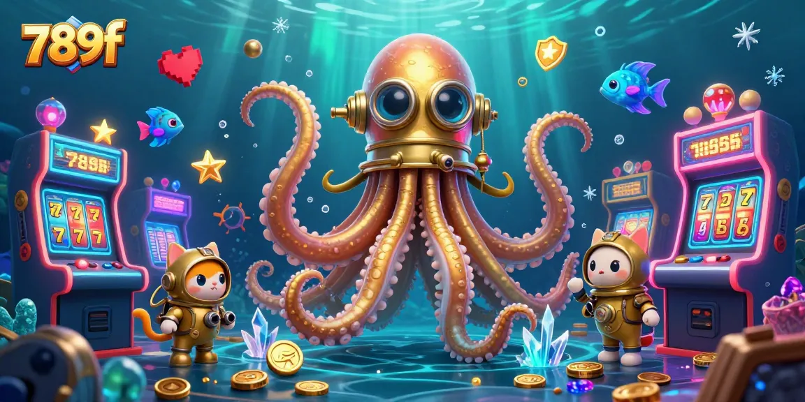 Engage in vibrant 789f gaming adventure with a kraken and diving cat in an exciting underwater casino.