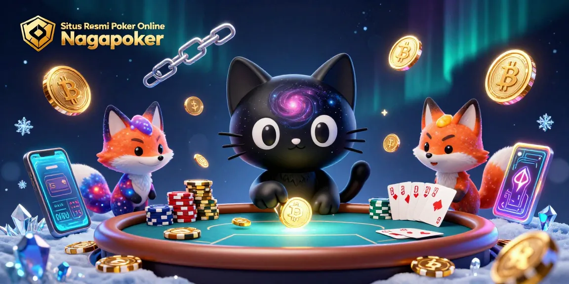 Situs Resmi Poker Online Nagapoker showcases a cosmic poker scene with engaging characters attracting golden chips.