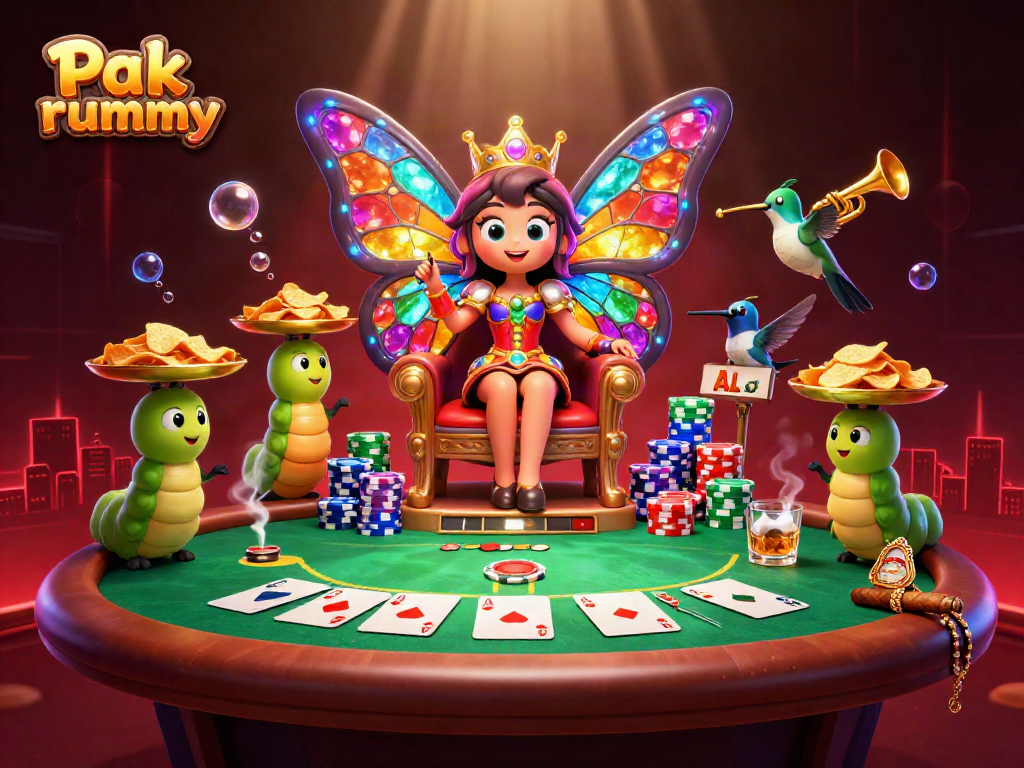 Pak rummy showcases a butterfly queen in a vibrant casino scene filled with poker and chips.