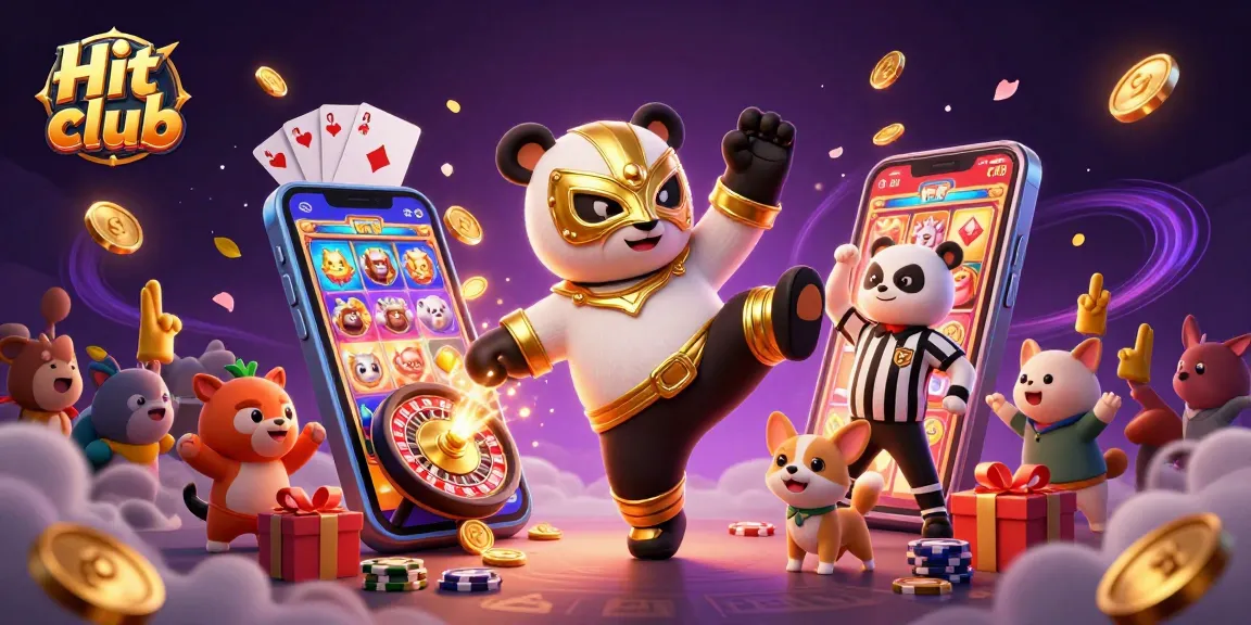 Experience the Hit club excitement with a panda wrestler kicking in a vibrant casino scene filled with slots and action!