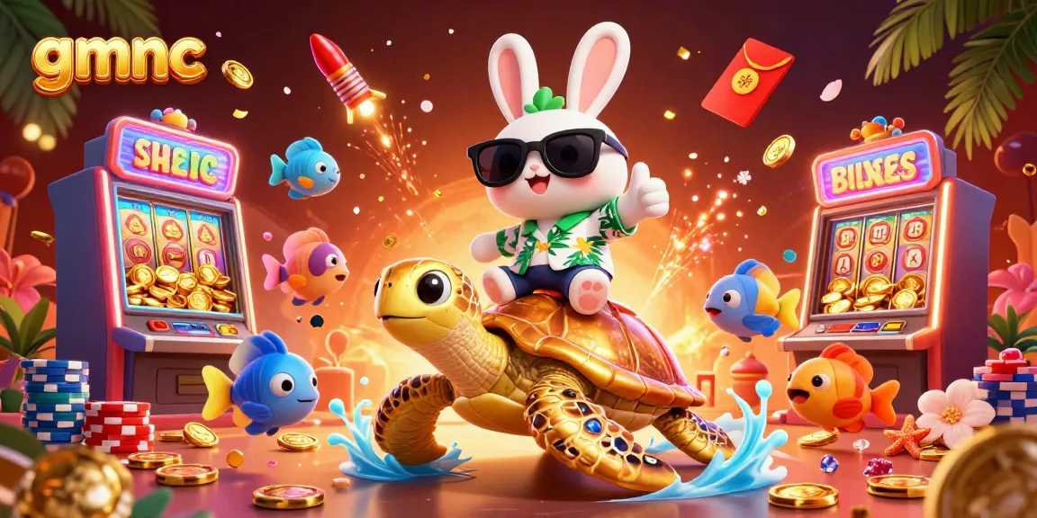 Engage with gmnc in this vibrant scene featuring a lucky rabbit on a treasure-laden sea turtle, surrounded by exciting casino elements.