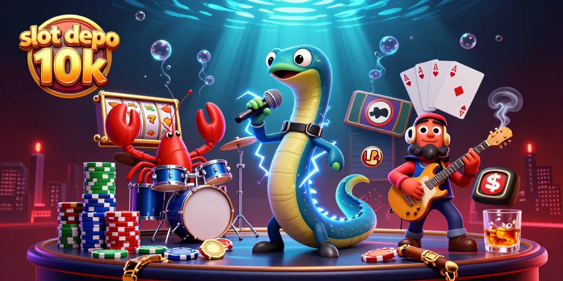 Engage with "slot depo 10k" in an exciting underwater casino scene featuring vibrant characters and game elements.