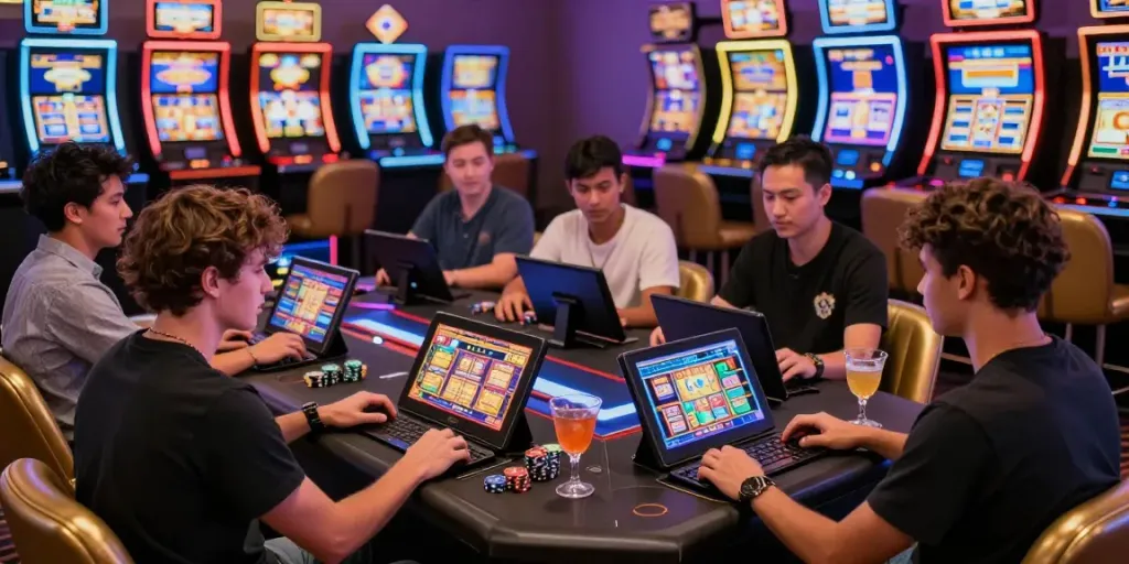 Exciting players enjoying slot online games at a vibrant casino.