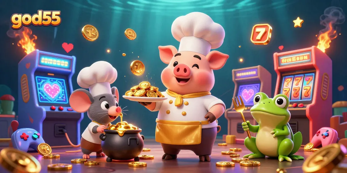 Exciting gameplay at god55 showcasing a chef pig, mouse, and frog in a dynamic casino-themed scene.