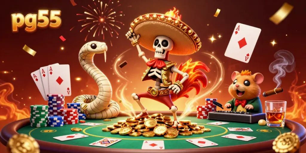 Experience the excitement of pg55 with a vibrant 3D scene featuring gambling characters and dynamic casino elements.