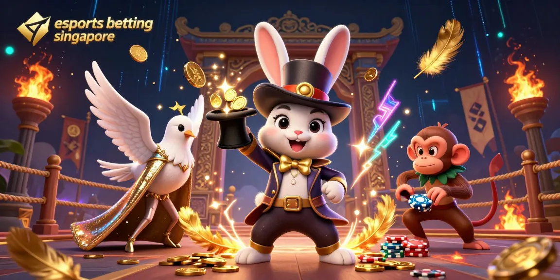 Experience the excitement of esports betting singapore with a magician rabbit, dove, and monkey in a vibrant festival.