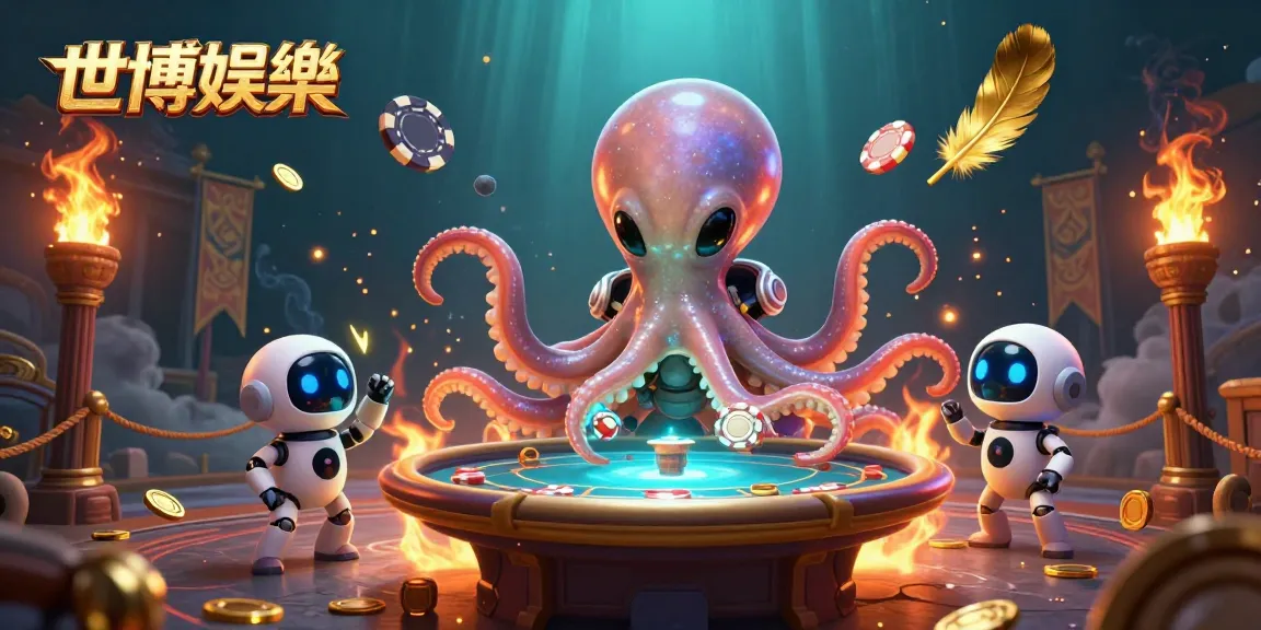 在世博娛樂中，外星章魚與機器人友伴運作撲克桌，展現絢麗的娛樂氣氛。