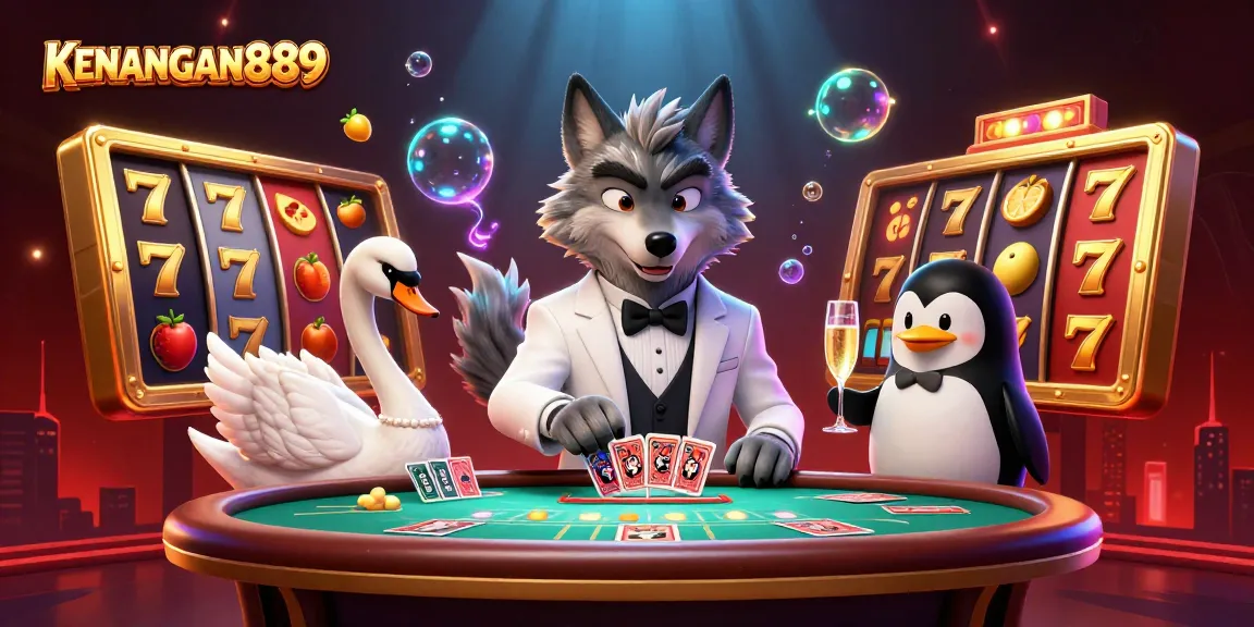 Spin the reels with KENANGAN889 in this dynamic casino scene featuring top-notch characters and thrilling game elements.