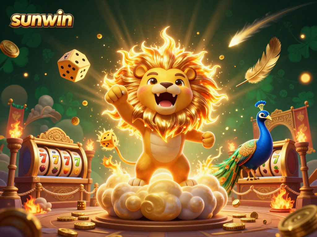 Experience the thrill of sunwin's vibrant casino adventure with a roaring lion and golden dice.