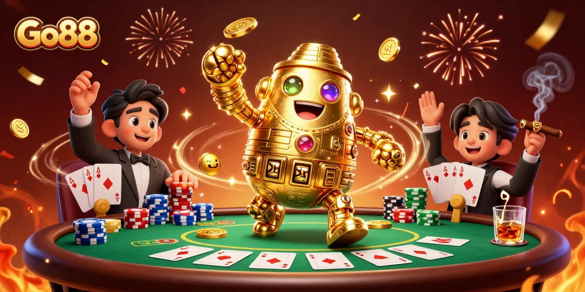 Go88 gaming excitement visualizing a golden golem and a vibrant poker scene.