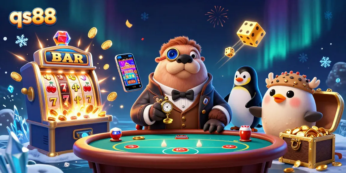Experience qs88's underwater casino scene with a walrus and card games amidst a jackpot explosion.