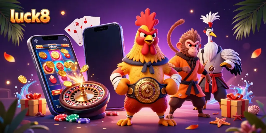 Experience the excitement of luck8 with a dynamic casino scene featuring a Muay Thai rooster and other colorful characters.