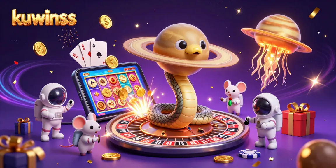 Kuwinss offers thrilling gaming with a cosmic twist, featuring a Saturn ring snake as a roulette wheel in a vibrant 3D casino