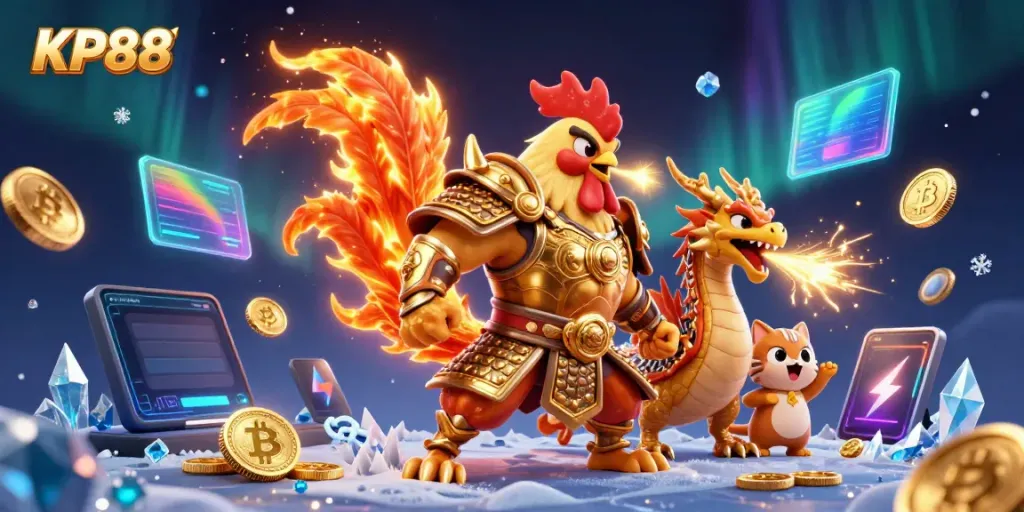 Experience the thrill of KP88 with a vivid illustration of a rooster warrior, dragon hatchling, and fortune cat amidst glowing crypto elements.