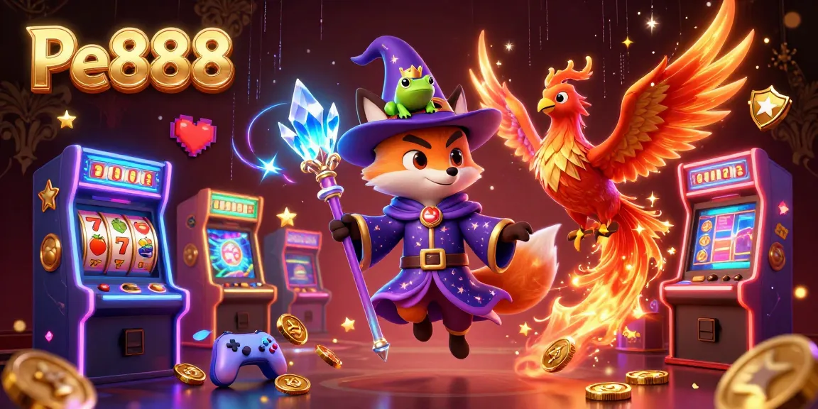 Experience the magic of Pe888 with a mystical wizard fox, phoenix, and enchanting game elements in a vibrant casino scene.