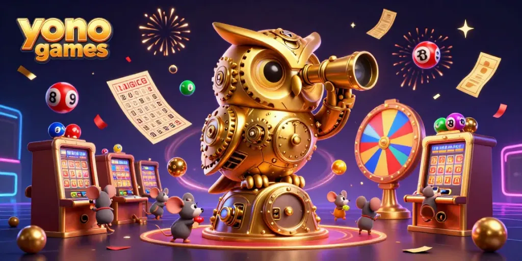 Engaging scene of Yono Games featuring a golden owl and tiny mice amidst vibrant casino elements.