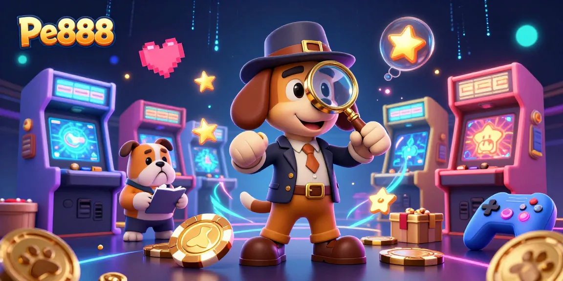 Engage with Pe888's thrilling casino adventure featuring detective characters uncovering clues amidst vibrant gaming elements.